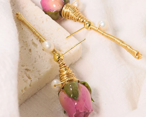 Pink Rosebud Gold and Pearl Earrings