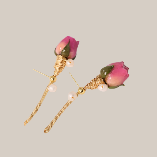 Pink Rosebud Gold and Pearl Earrings