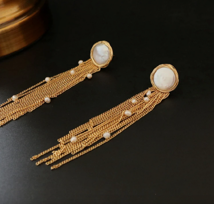 Seraphina Pearl and Gold Tassel Earrings