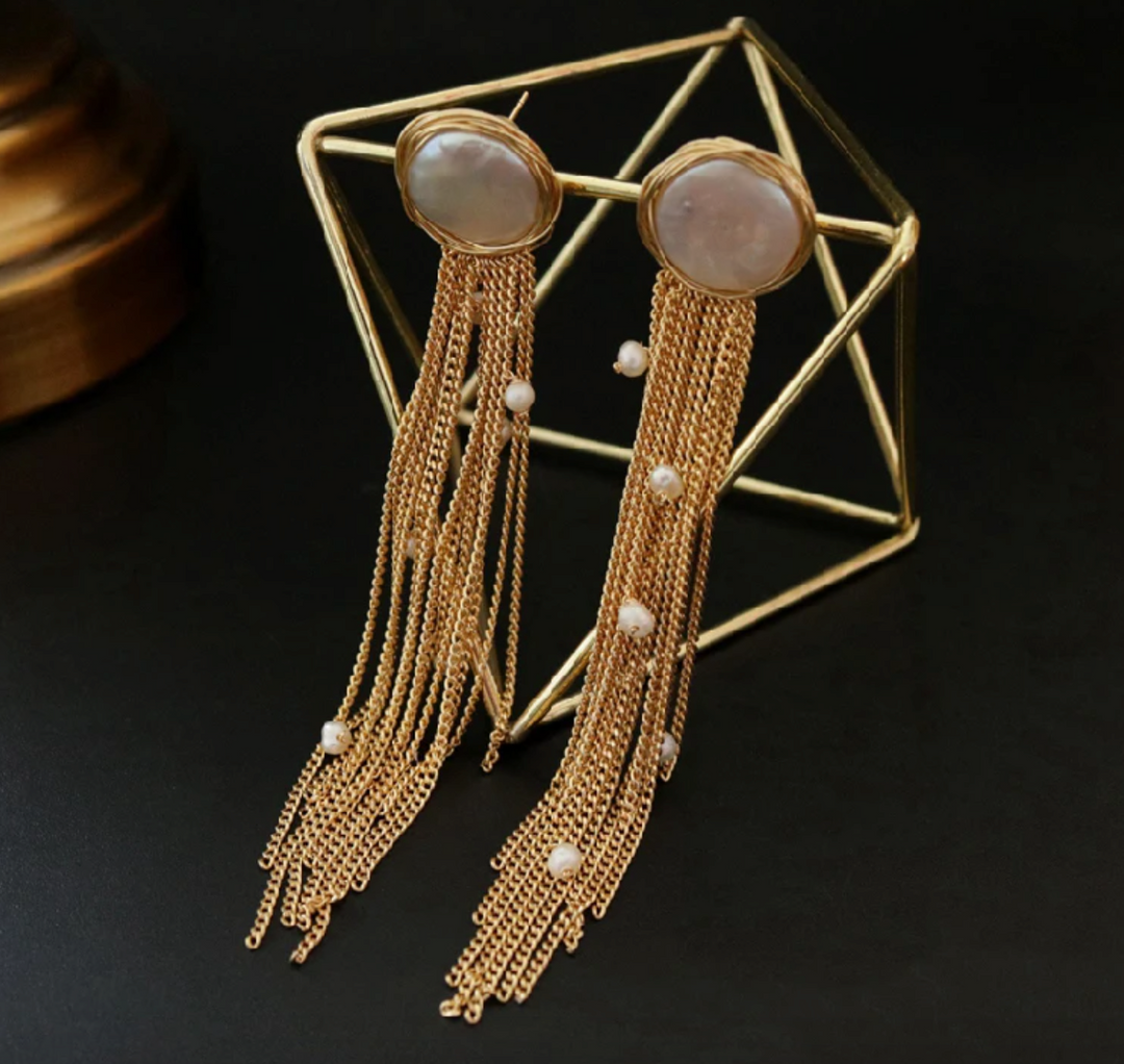 Seraphina Pearl and Gold Tassel Earrings