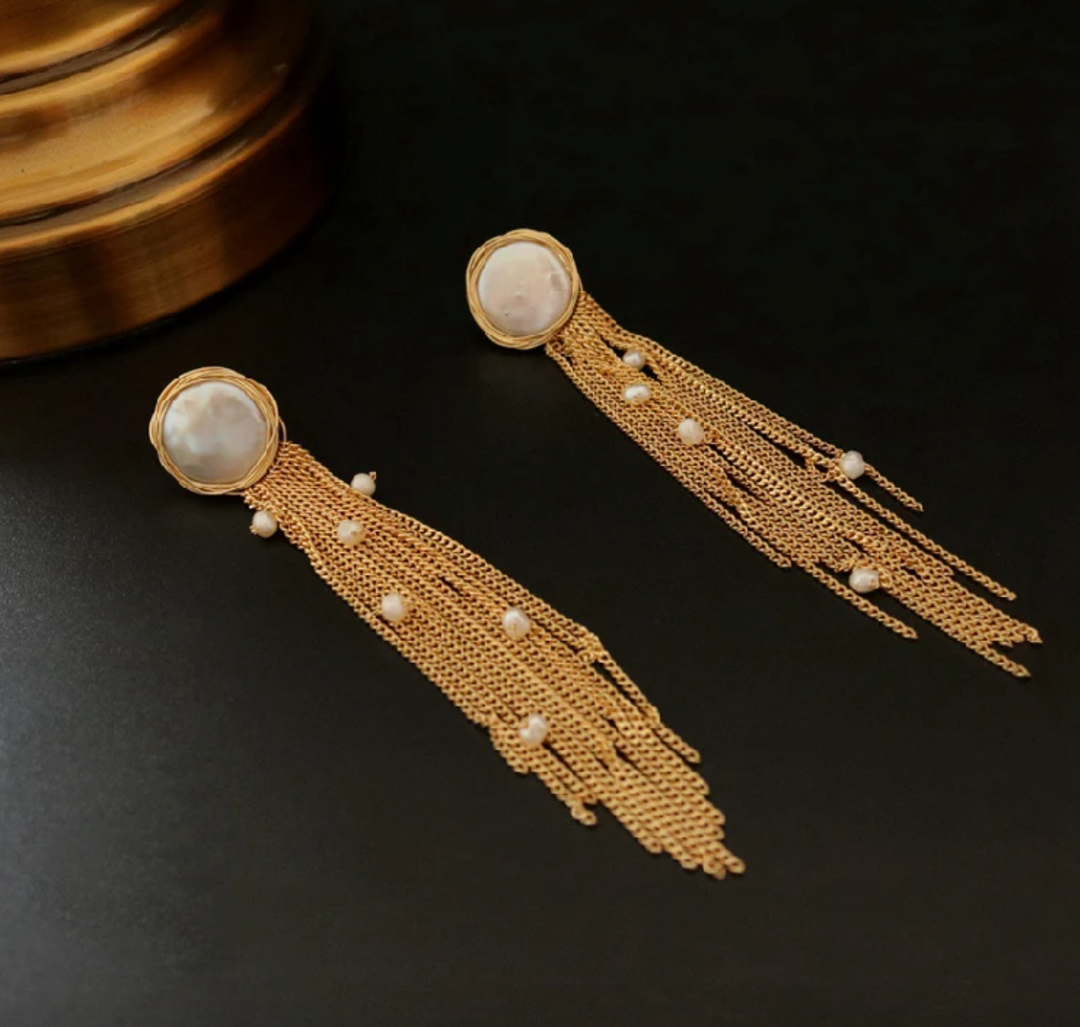 Seraphina Pearl and Gold Tassel Earrings